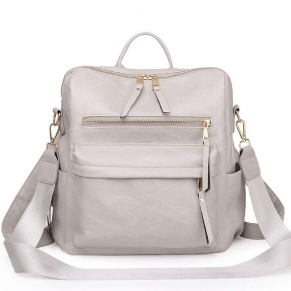 Brand New Grey Leather Backpack With Adjustable Shoulder Tote Strap
